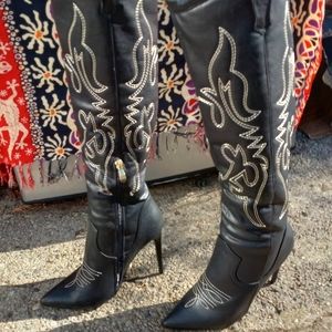 Black Embroidered Stilletto Boots